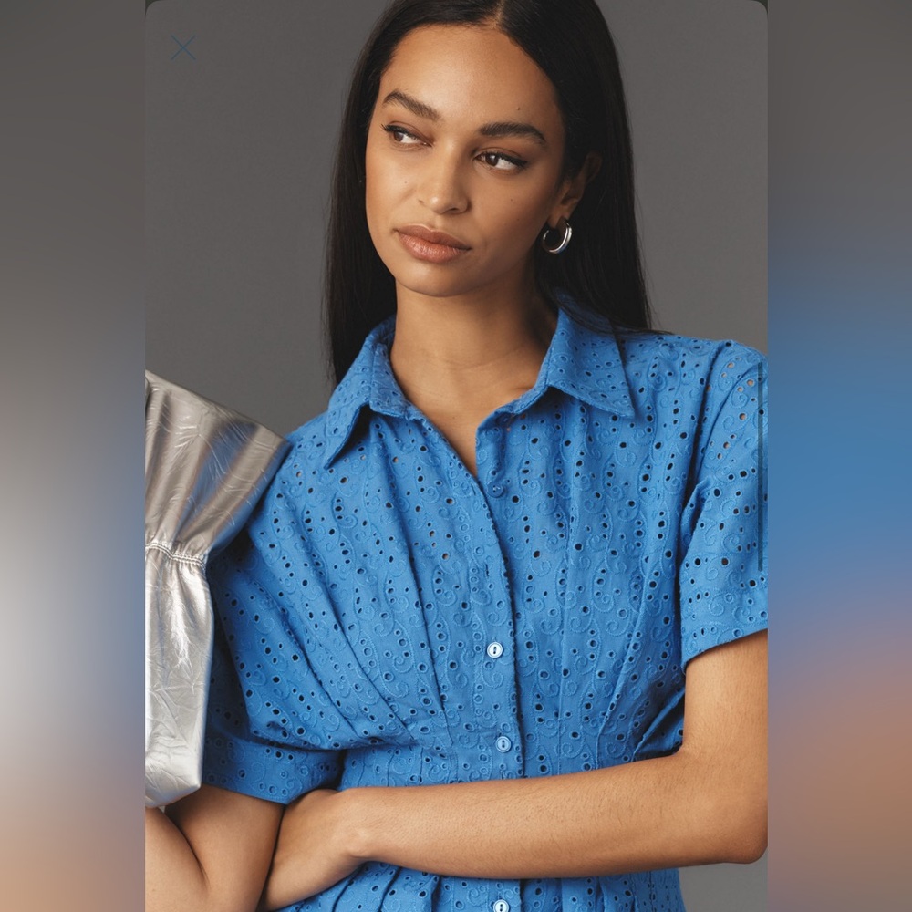 Anthropologie Blue Eyelet Mini Shirt Dress - Picture 3 of 3